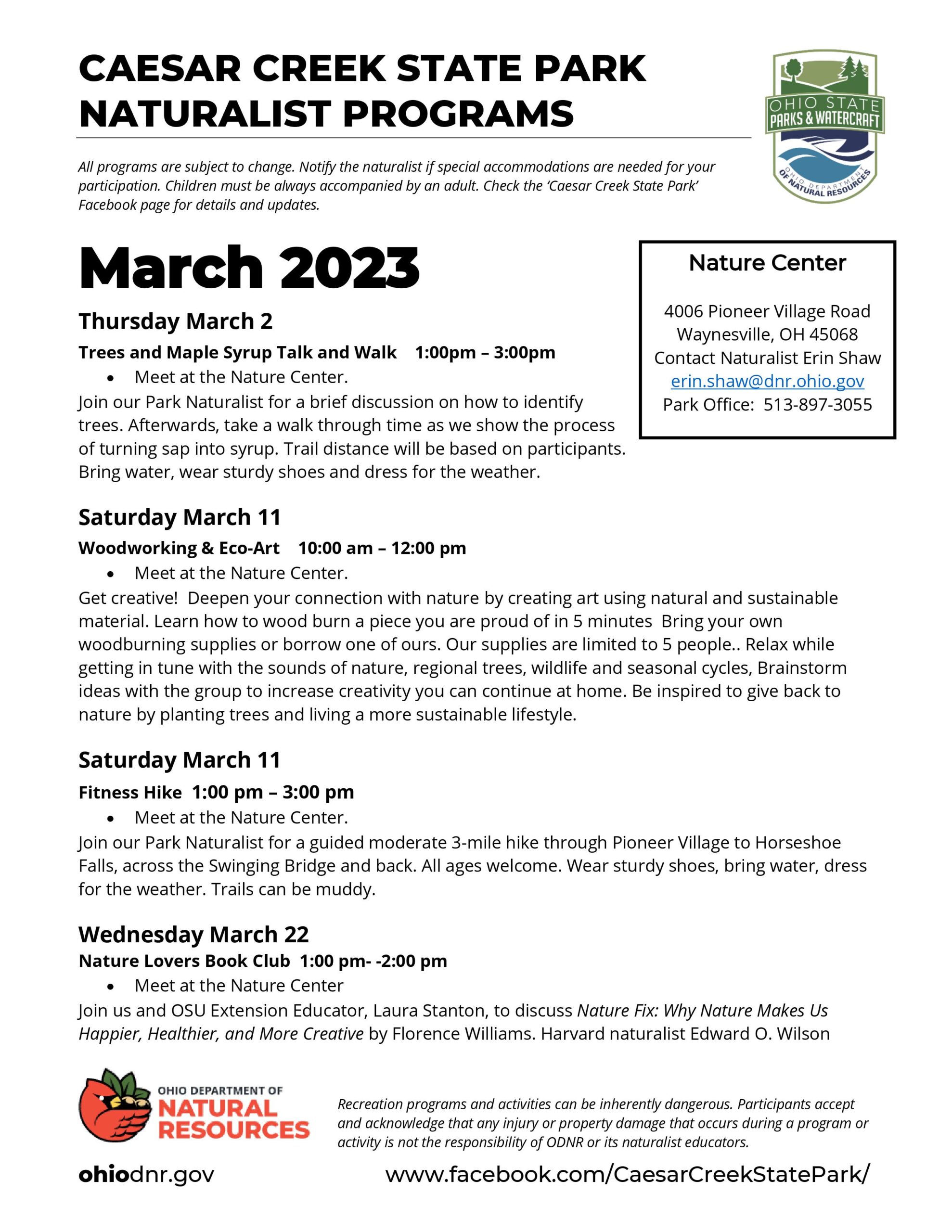 Caesar Creek State Park Naturalist Programs March 2023