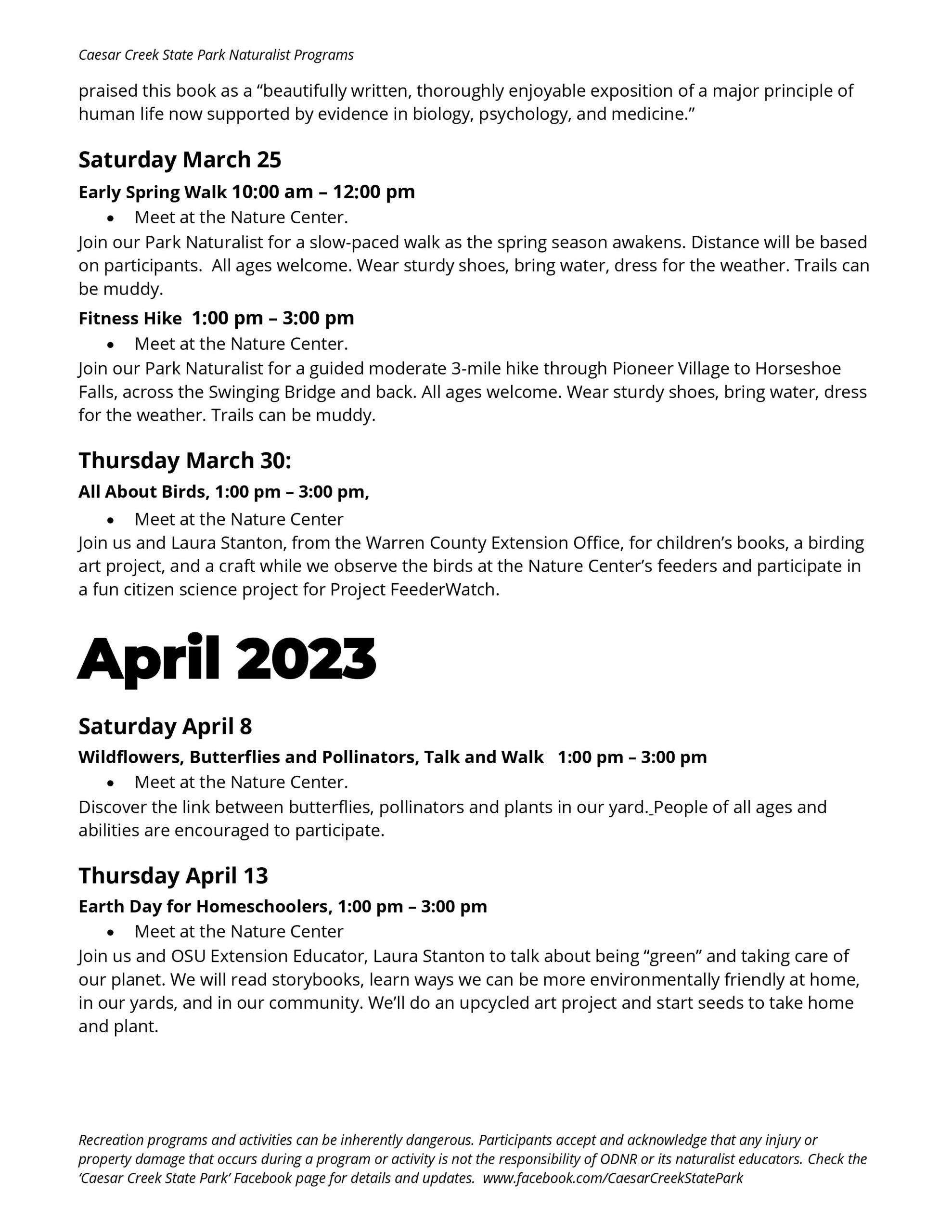 Caesar Creek State Park Naturalist Programs March 2023 to April 2023